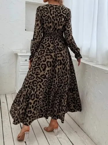 Women's Long Sleeve Crossover Neck Leopard Print Long Supreme Dress - 2