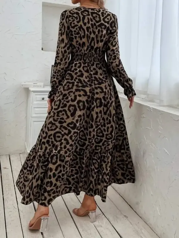 Women's Long Sleeve Crossover Neck Leopard Print Long Supreme Dress - 2