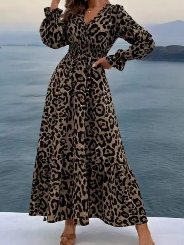 Women's Long Sleeve Crossover Neck Leopard Print Long Supreme Dress - 3