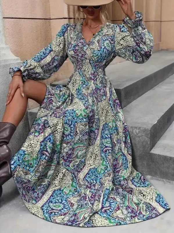 Women's Long Sleeve Crossover Neck Patterned Supreme Maxi Dress - 2