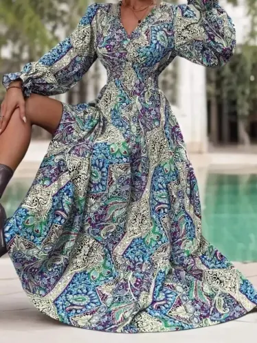 Women's Long Sleeve Crossover Neck Patterned Supreme Maxi Dress - 3