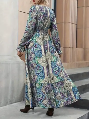 Women's Long Sleeve Crossover Neck Patterned Supreme Maxi Dress - 5