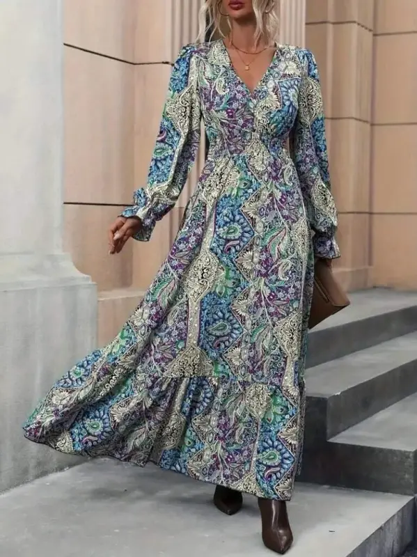 Women's Long Sleeve Crossover Neck Patterned Supreme Maxi Dress - 6