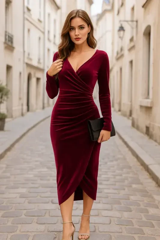 Women's Long Sleeve Crossover Neck Ruched Waist Detail Midi Velvet Dress - 1