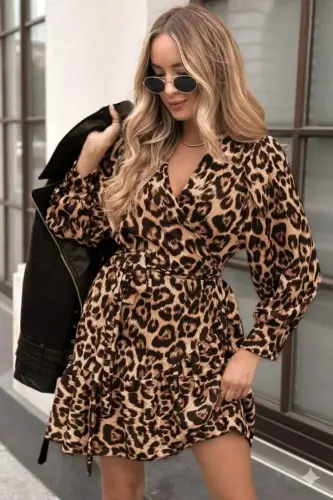 Women's Long Sleeve Crossover Neck Ruffled Waist Belted Leopard Print Modal Dress - 1