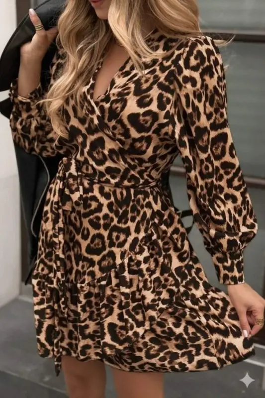 Women's Long Sleeve Crossover Neck Ruffled Waist Belted Leopard Print Modal Dress - 3