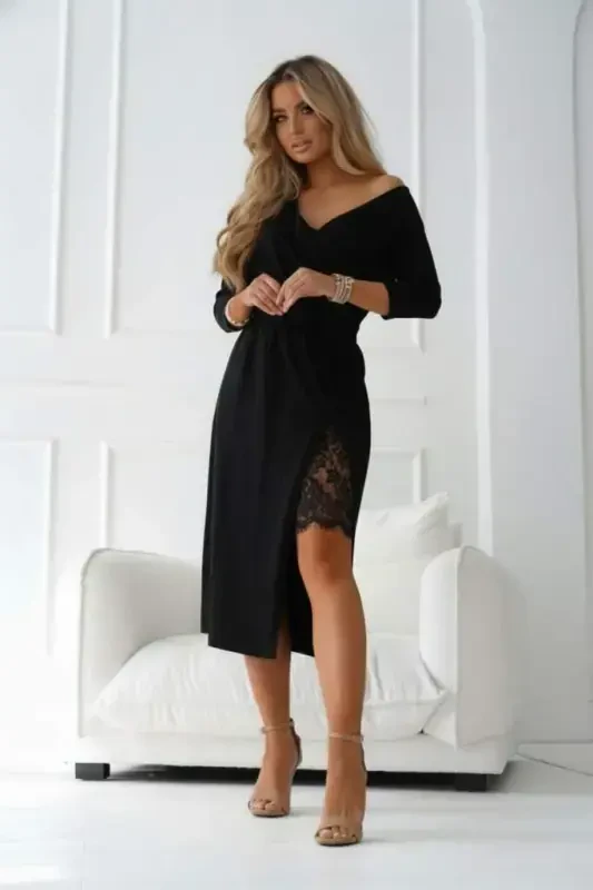 Women's Long Sleeve Crossover Neck Side Lace-up Midi Imported Crepe Dress - 1