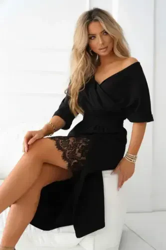 Women's Long Sleeve Crossover Neck Side Lace-up Midi Imported Crepe Dress - 2