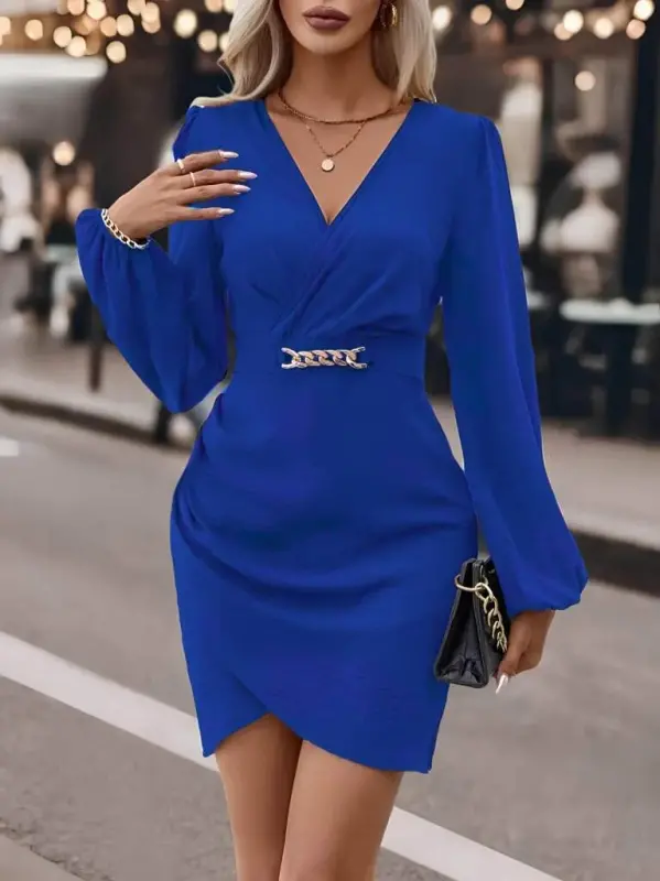 Women's Long Sleeve Crossover Neck Side Ruched Asymmetric Detail Imported Crepe Mini Dress - 2