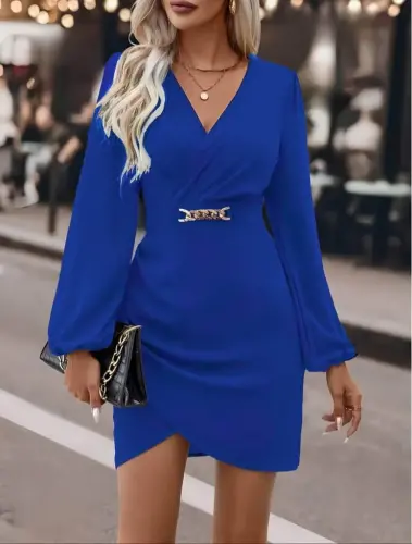 Women's Long Sleeve Crossover Neck Side Ruched Asymmetric Detail Imported Crepe Mini Dress - 5