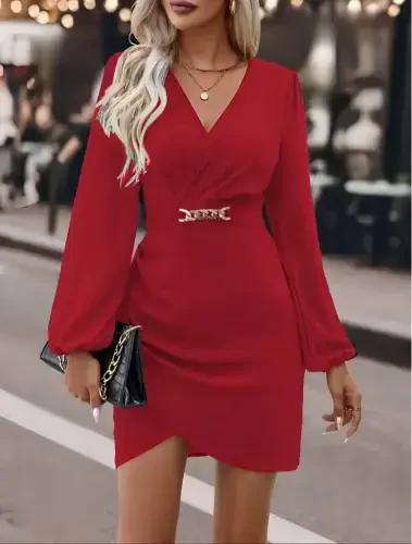 Women's Long Sleeve Crossover Neck Side Ruched Asymmetrical Detail Imported Crepe Mini Dress - 3