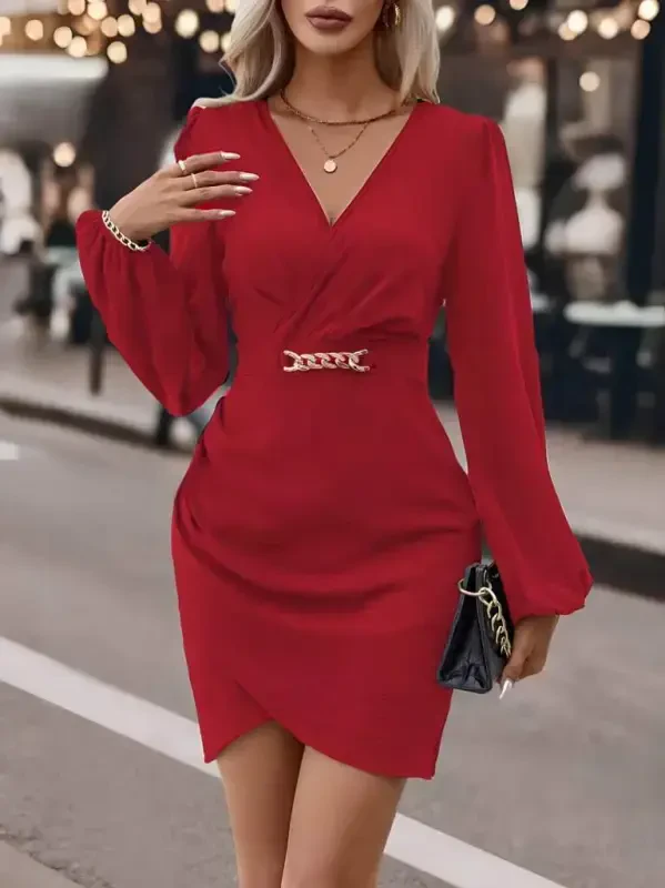 Women's Long Sleeve Crossover Neck Side Ruched Asymmetrical Detail Imported Crepe Mini Dress - 4