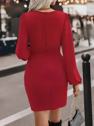 Women's Long Sleeve Crossover Neck Side Ruched Asymmetrical Detail Imported Crepe Mini Dress - 6