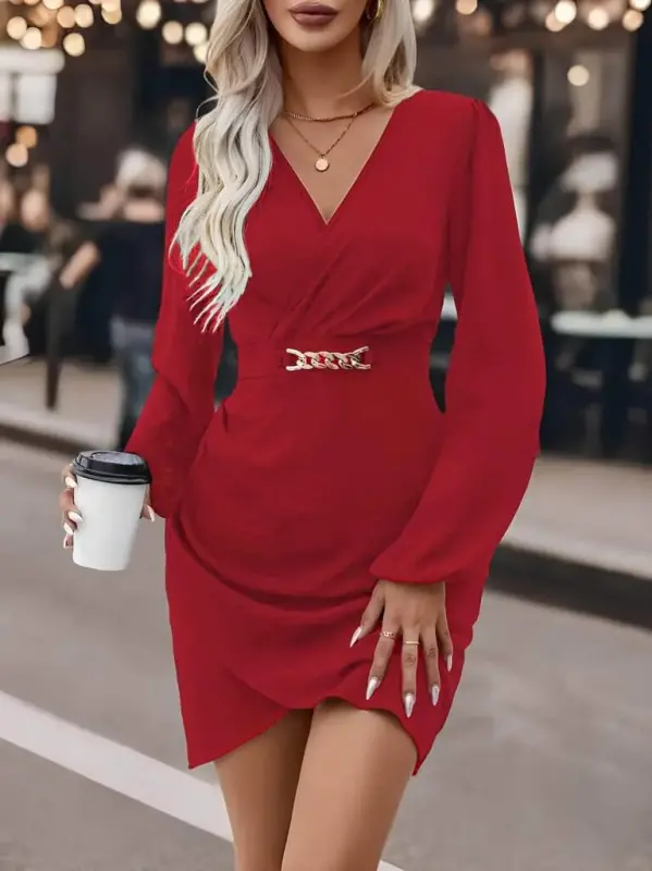 Women's Long Sleeve Crossover Neck Side Ruched Asymmetrical Detail Imported Crepe Mini Dress - 2