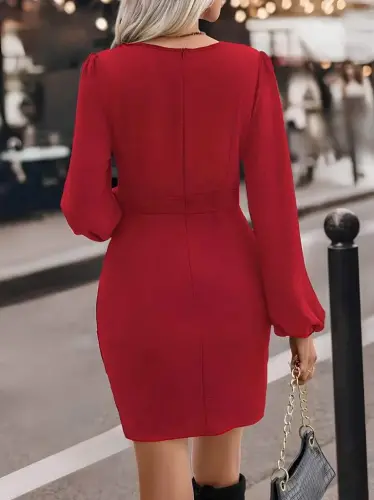 Women's Long Sleeve Crossover Neck Side Ruched Asymmetrical Detail Imported Crepe Mini Dress - 6