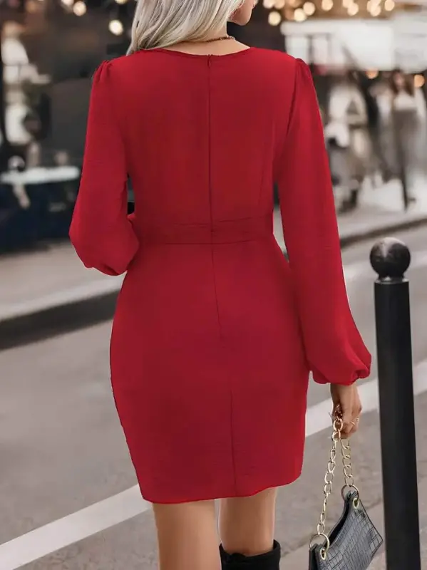 Women's Long Sleeve Crossover Neck Side Ruched Asymmetrical Detail Imported Crepe Mini Dress - 6