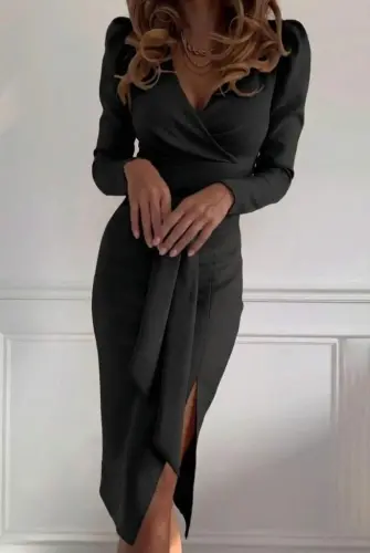 Women's Long Sleeve Crossover Neck Side Slit Belted Waist Midi Imported Crepe Dress - 1