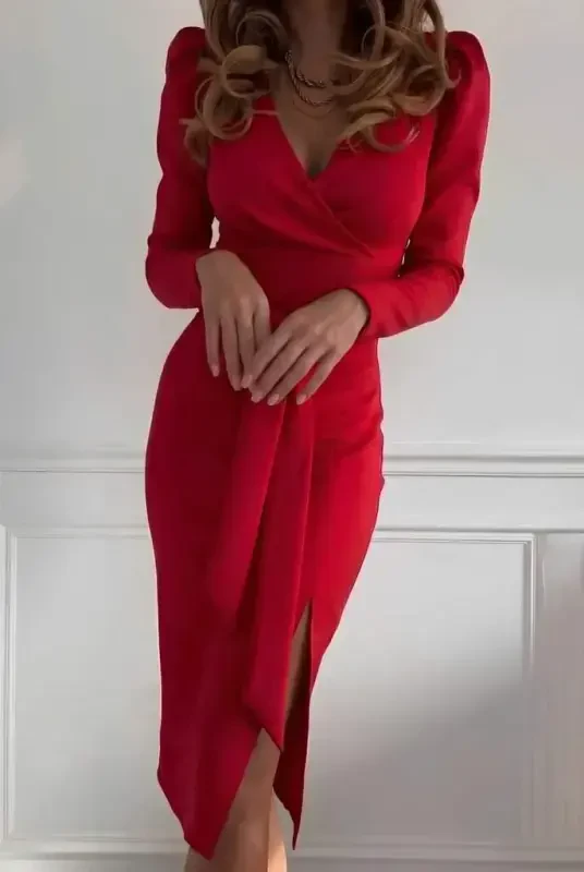 Women's Long Sleeve Crossover Neck Side Slit Belted Waist Midi Imported Crepe Dress - BÜYÜKBEDENIZ