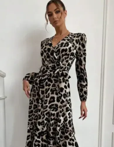 Women's Long Sleeve Crossover Neck Side Tie Front Ruffle Detailed Supreme Long Dress - BÜYÜKBEDENIZ (1)