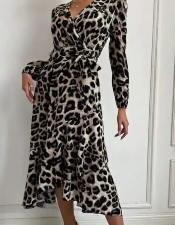 Women's Long Sleeve Crossover Neck Side Tie Front Ruffle Detailed Supreme Long Dress - 3