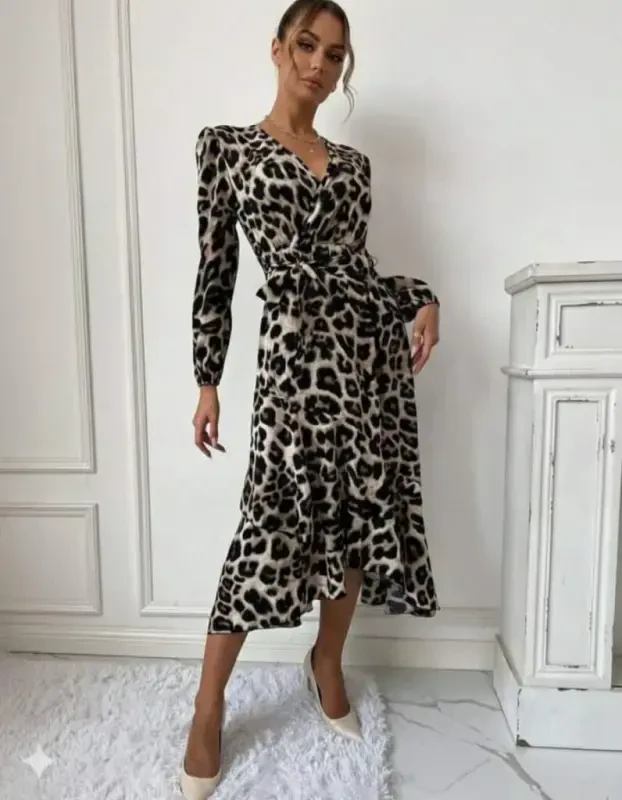 Women's Long Sleeve Crossover Neck Side Tie Front Ruffle Detailed Supreme Long Dress - 4