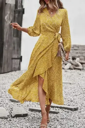 Women's Long Sleeve Crossover Neck Side Tie Ruffle Detail Front Supreme Long Dress - 1