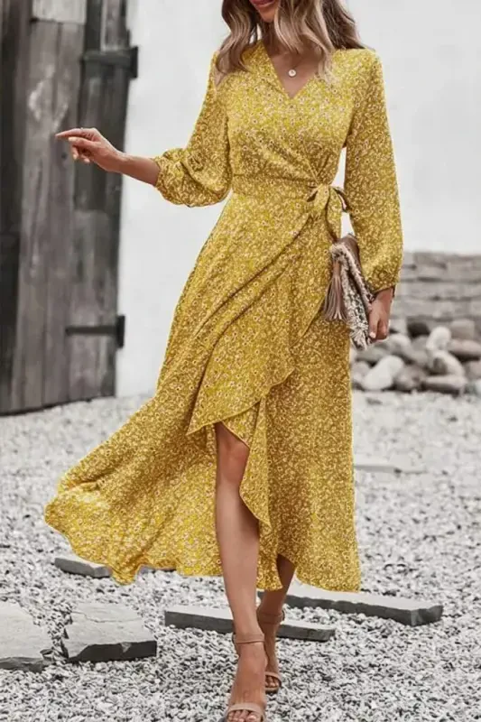 Women's Long Sleeve Crossover Neck Side Tie Ruffle Detail Front Supreme Long Dress - BÜYÜKBEDENIZ