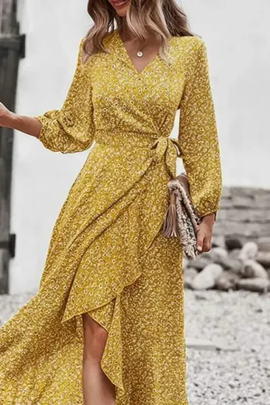 Women's Long Sleeve Crossover Neck Side Tie Ruffle Detail Front Supreme Long Dress - 2