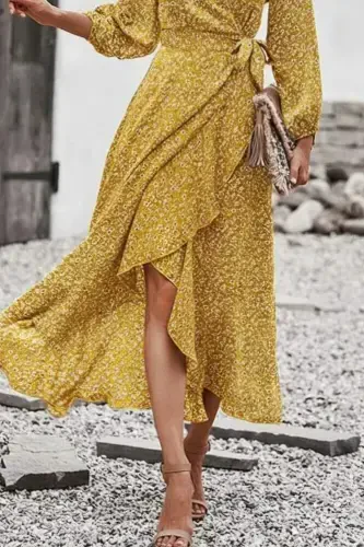 Women's Long Sleeve Crossover Neck Side Tie Ruffle Detail Front Supreme Long Dress - 3