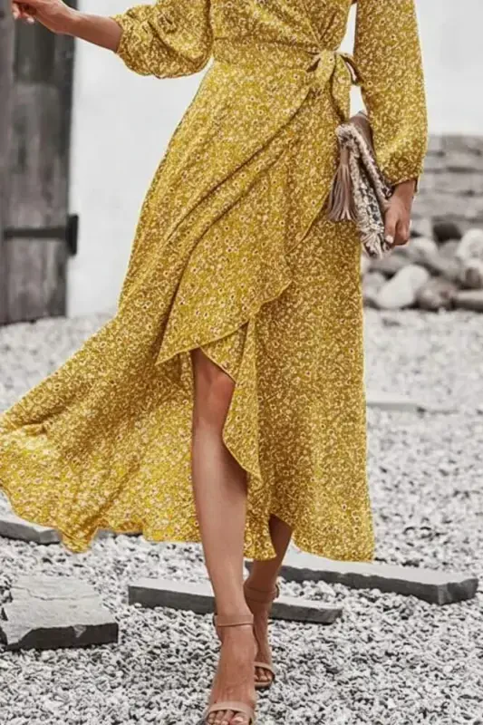 Women's Long Sleeve Crossover Neck Side Tie Ruffle Detail Front Supreme Long Dress - 3