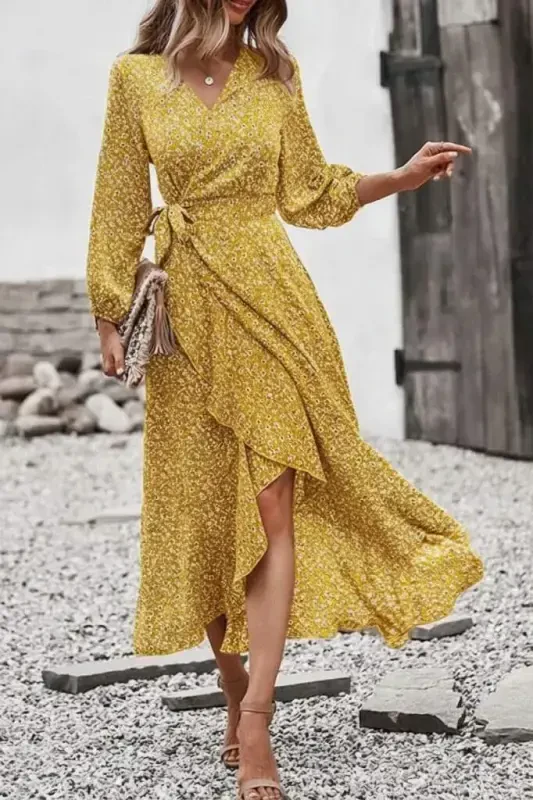 Women's Long Sleeve Crossover Neck Side Tie Ruffle Detail Front Supreme Long Dress - 4