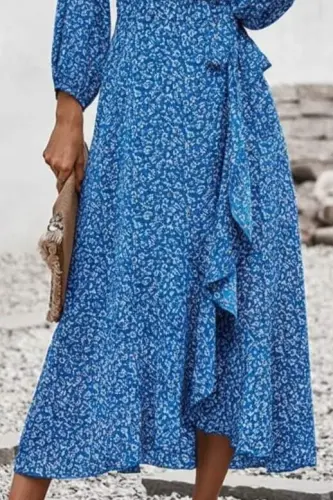 Women's Long Sleeve Crossover Neck Side Tie Ruffle Detail Front Supreme Long Dress - 3