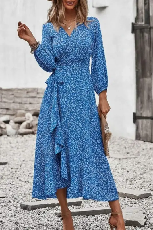 Women's Long Sleeve Crossover Neck Side Tie Ruffle Detail Front Supreme Long Dress - 4