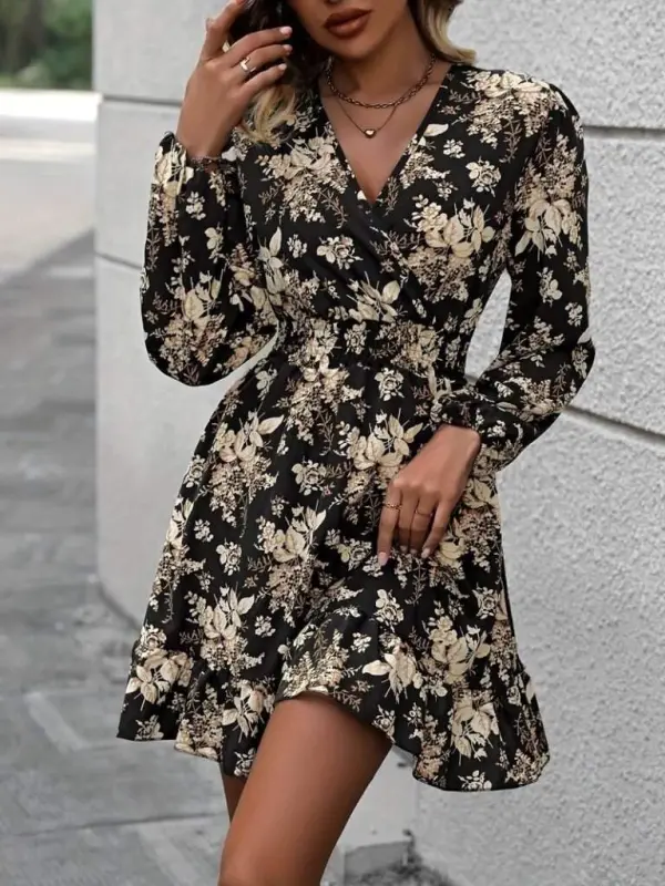 Women's Long Sleeve Crossover Neck Smocked Waist Floral Print Short Scuba Dress - 1