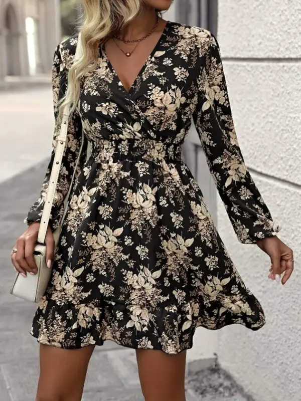 Women's Long Sleeve Crossover Neck Smocked Waist Floral Print Short Scuba Dress - 3