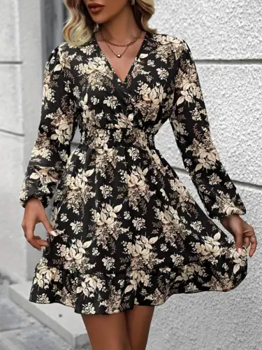 Women's Long Sleeve Crossover Neck Smocked Waist Floral Print Short Scuba Dress - 4