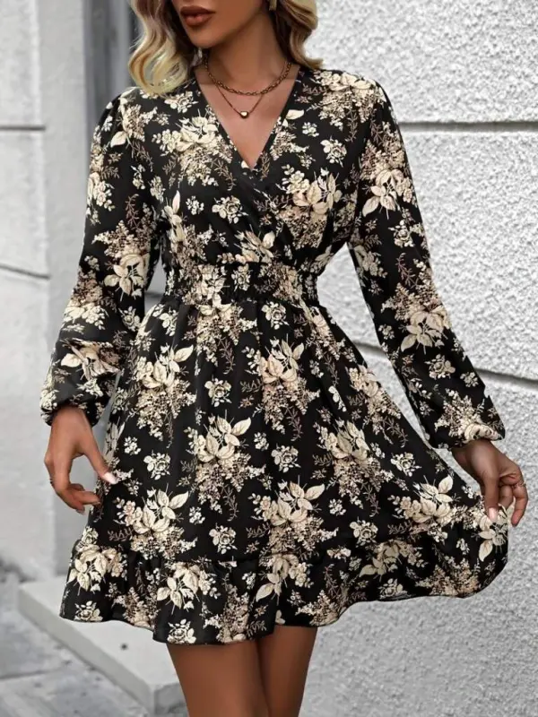Women's Long Sleeve Crossover Neck Smocked Waist Floral Print Short Scuba Dress - 4