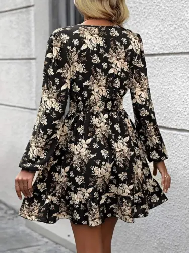 Women's Long Sleeve Crossover Neck Smocked Waist Floral Print Short Scuba Dress - 7