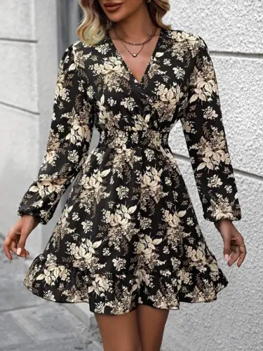 Women's Long Sleeve Crossover Neck Smocked Waist Floral Print Short Scuba Dress - 8