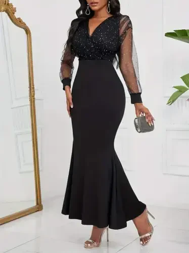 Women's Long Sleeve Crossover Neck Stone and Tulle Detailed Long Imported Crepe Dress - BÜYÜKBEDENIZ (1)