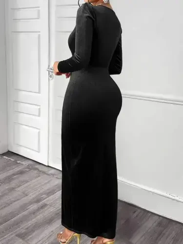 Women's Long Sleeve Crossover Neckline Crisscross Detailed Long Velvet Dress - 3
