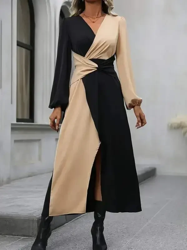 Women's Long Sleeve Crossover Neckline Crisscross Detailed Two-Color Midi Imported Crepe Dress - 2