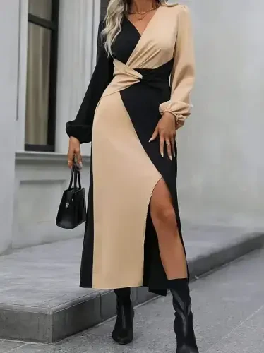 Women's Long Sleeve Crossover Neckline Crisscross Detailed Two-Color Midi Imported Crepe Dress - 5