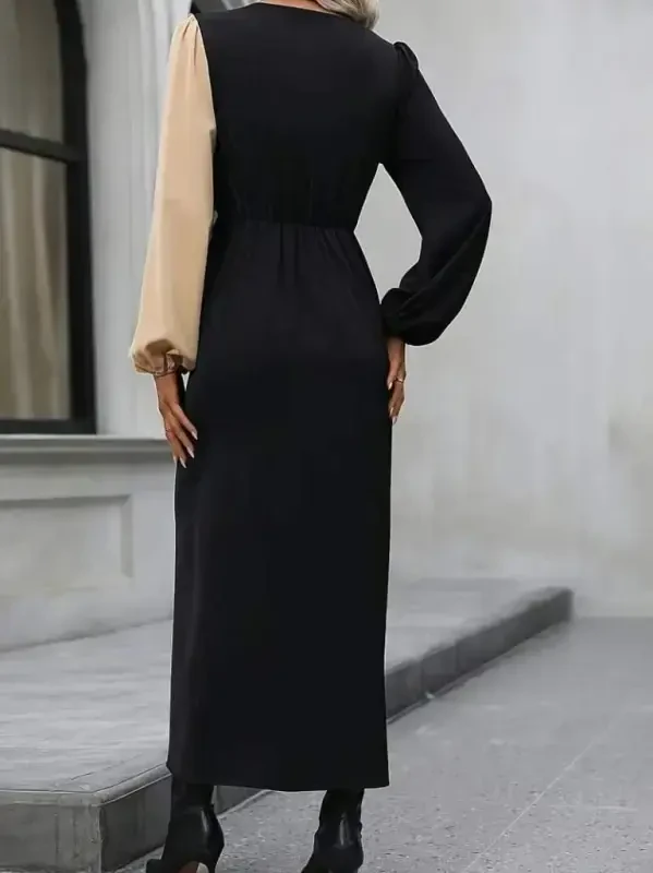 Women's Long Sleeve Crossover Neckline Crisscross Detailed Two-Color Midi Imported Crepe Dress - 6
