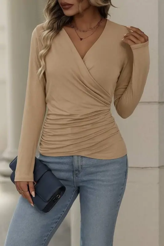 Women's Long Sleeve Crossover Neckline Side Gathered Viscose Blouse - 2