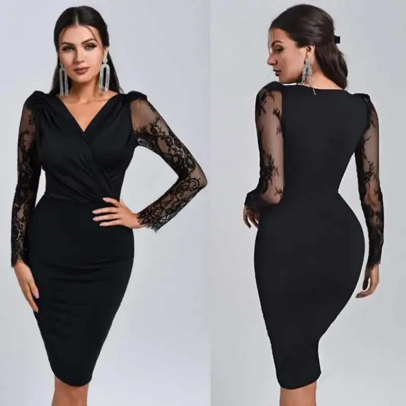 Women's Long Sleeve Crossover Neckline Sleeves Tulle Detail Crepe Mini Dress - BÜYÜKBEDENIZ