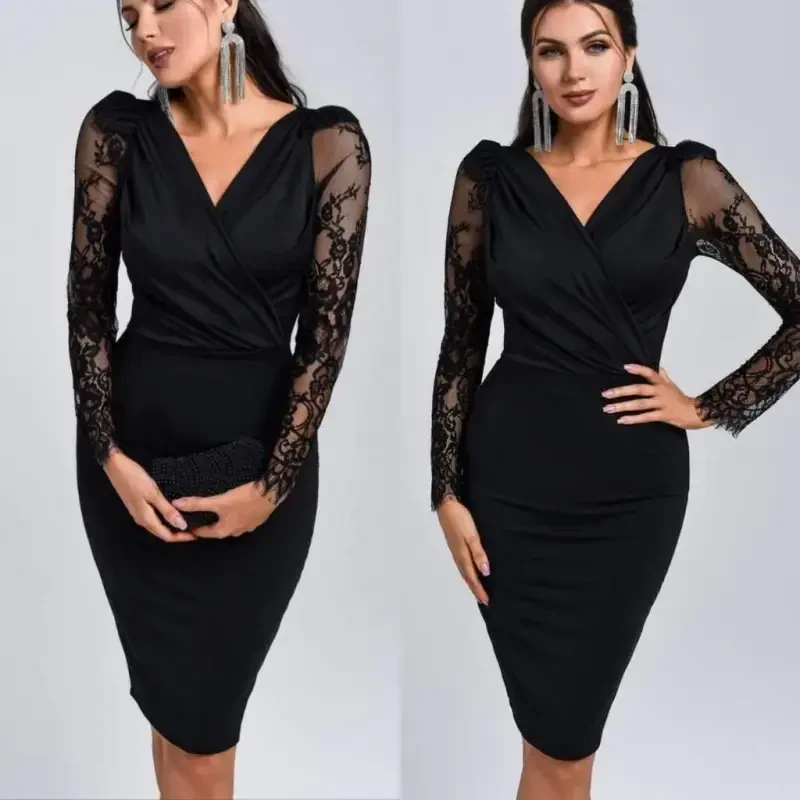 Women's Long Sleeve Crossover Neckline Sleeves Tulle Detail Crepe Mini Dress - 2