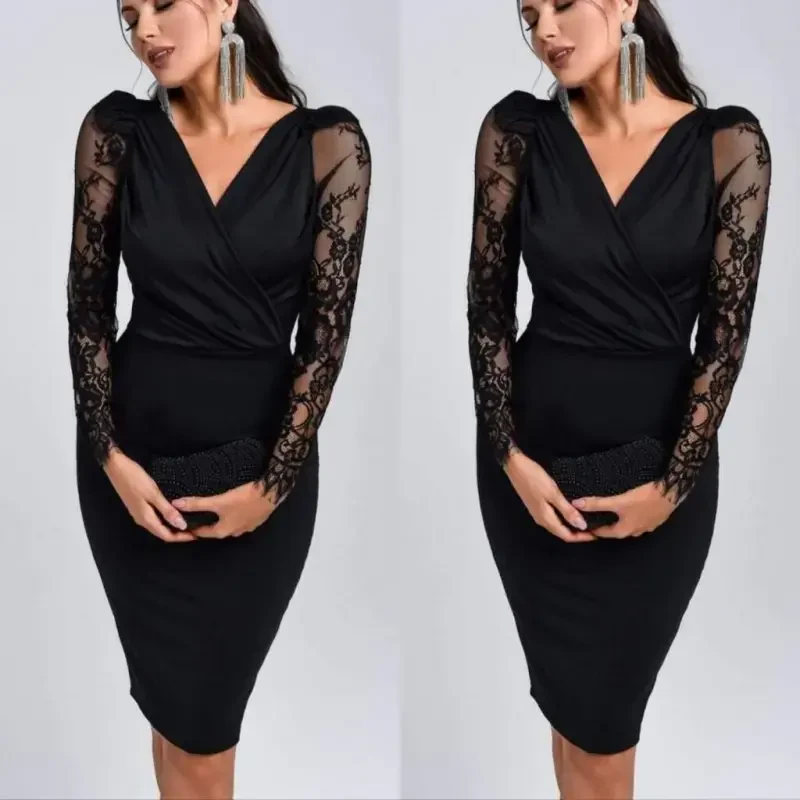 Women's Long Sleeve Crossover Neckline Sleeves Tulle Detail Crepe Mini Dress - 3