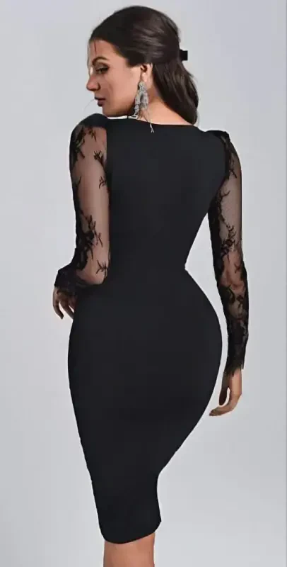 Women's Long Sleeve Crossover Neckline Sleeves Tulle Detail Crepe Mini Dress - 5