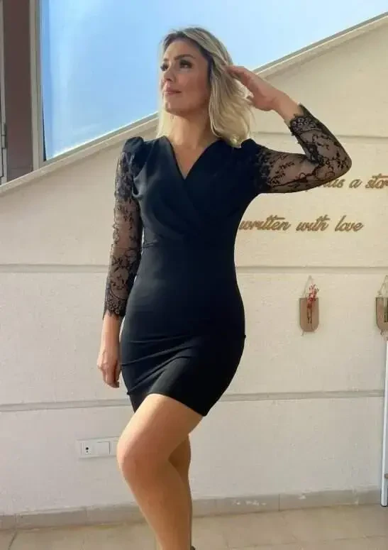 Women's Long Sleeve Crossover Neckline Tulle Detail Crepe Mini Dress - BÜYÜKBEDENIZ